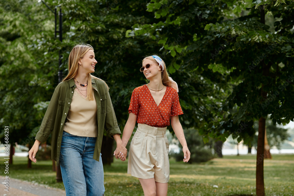 Two women walk hand-in-hand through a lush green park, smiling and laughing as they enjoy a sunny day. Two women walk hand-in-hand through a lush green park, smiling and laughing as they enjoy a sunny day.