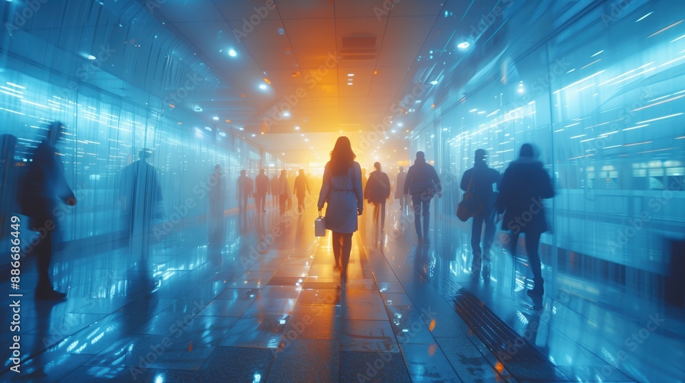 © Old Man Stocker - Businesswoman Walking in Futuristic Office Corridor. Silhouette of a businesswoman walking towards a bright light in a futuristic, glass-walled office corridor with reflections.
