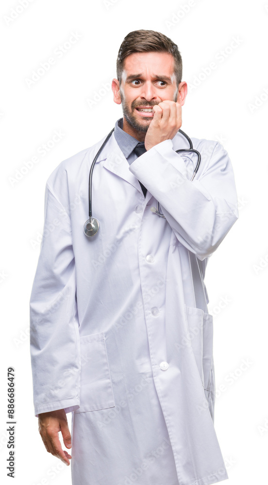 Young handsome doctor man over isolated background looking stressed and nervous with hands on mouth biting nails. Anxiety problem. Young handsome doctor man over isolated background looking stressed and nervous with hands on mouth biting nails. Anxiety problem.