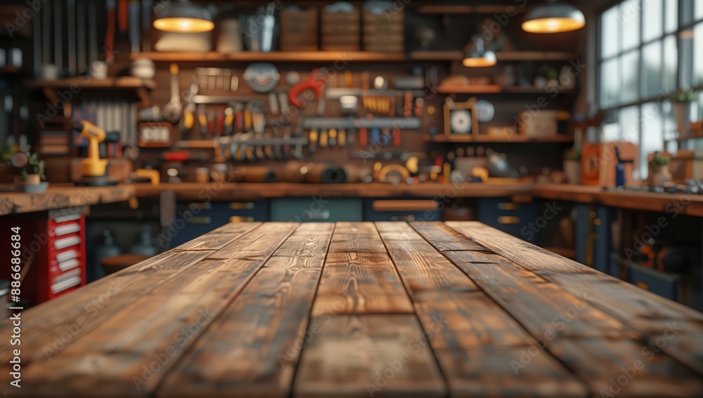 Craftsman's Wooden Table in Busy Workshop. Well-used wooden table in a craftsman's busy workshop, with tools and supplies neatly arranged in the background. Craftsman's Wooden Table in Busy Workshop. Well-used wooden table in a craftsman's busy workshop, with tools and supplies neatly arranged in the background.