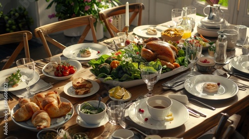 Wholesome Family Feast Roasted Chicken Steamed Vegetables and Fresh Salad on Dinner Table Healthy Eating Concept