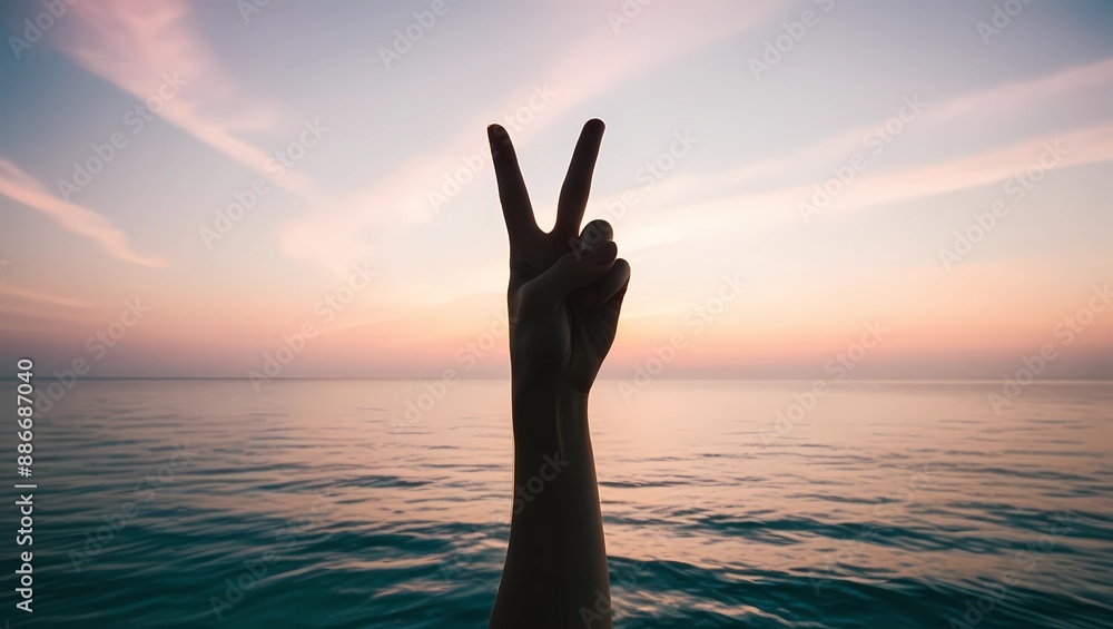 Fototapeta premium Hand Making Peace Sign Over Tranquil Ocean at Sunset