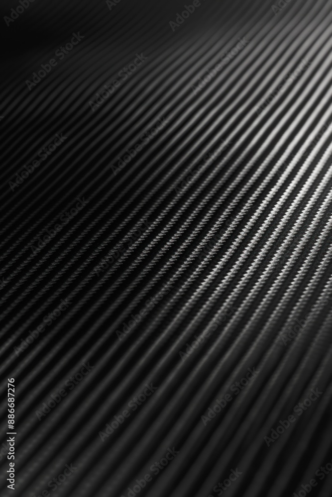 Carbon fiber fabric texture features diagonal lines with dynamic tilt. Close-up view highlights intricate details on black surface. Blurred background focuses attention on unique pattern.