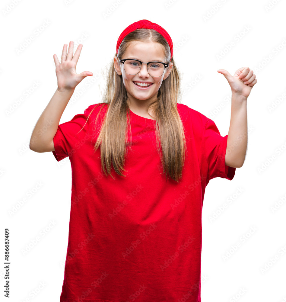 Young beautiful girl wearing glasses over isolated background showing and pointing up with fingers number six while smiling confident and happy. Young beautiful girl wearing glasses over isolated background showing and pointing up with fingers number six while smiling confident and happy.