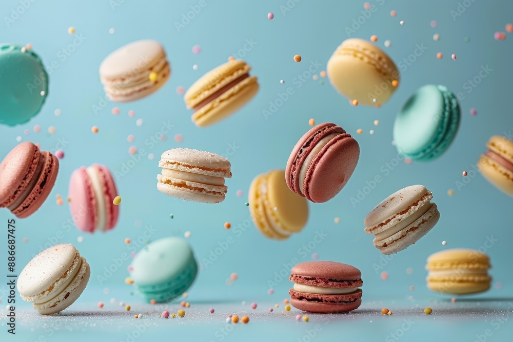 Macarons in various colors spinning in mid-air Macarons in various colors spinning in mid-air