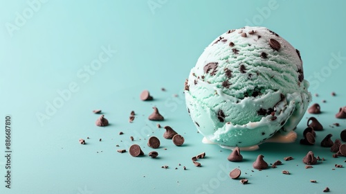 Mint Chocolate Chip Ice Cream Scoop with Chocolate Chips on Light Blue Background - Refreshing Dessert Concept