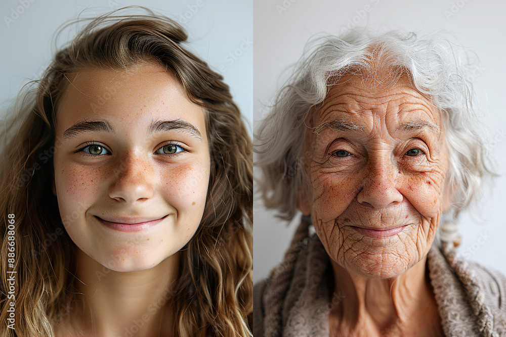 Two portraits of a mature woman with wrinkles and freckles contrasting characteristics generative ai Two portraits of a mature woman with wrinkles and freckles contrasting characteristics generative ai