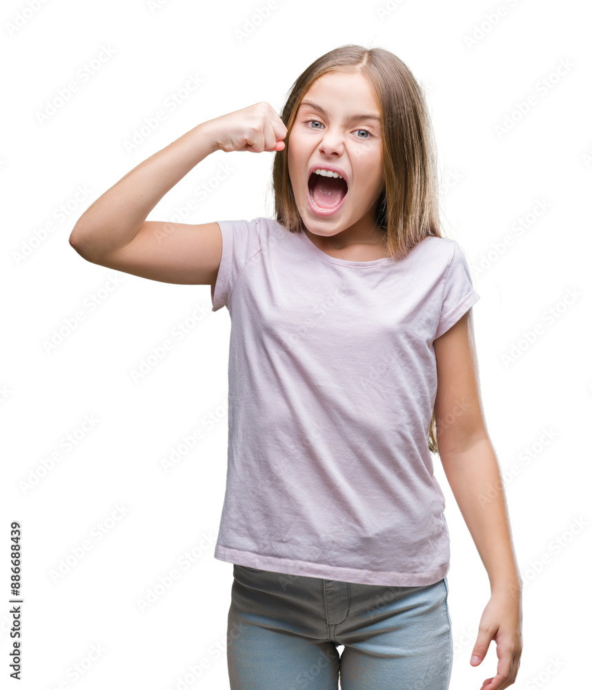 Young beautiful girl over isolated background angry and mad raising fist frustrated and furious while shouting with anger. Rage and aggressive concept.