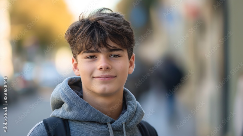 Cheerful Teenage Boy with Brown Hair in Urban Street, Autumn Background, Ideal for Print, Card, Poster Cheerful Teenage Boy with Brown Hair in Urban Street, Autumn Background, Ideal for Print, Card, Poster