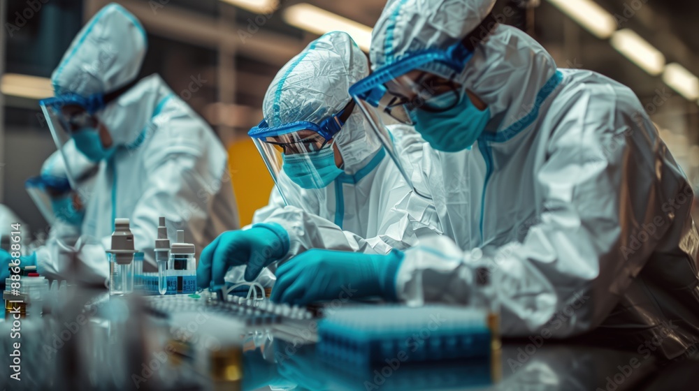 Scientists in Protective Gear Working in Lab. Scientists wearing protective gear working in a laboratory setting within a pharmaceutical manufacturing facility. Scientists in Protective Gear Working in Lab. Scientists wearing protective gear working in a laboratory setting within a pharmaceutical manufacturing facility.