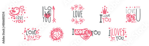 Love You Pink Sticker for Valentine Day Holiday Vector Set