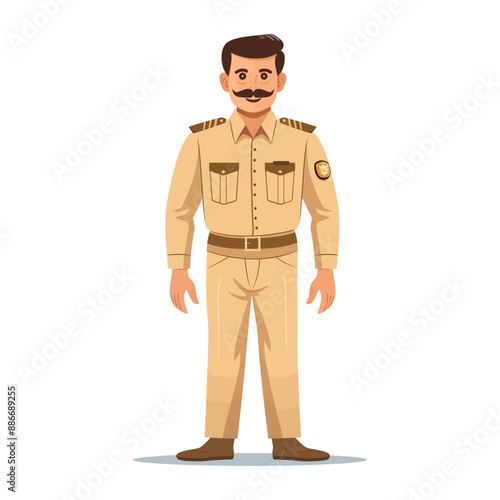 Indian police officer in uniform standing with gun. Portrait of an Indian cop with gun. 