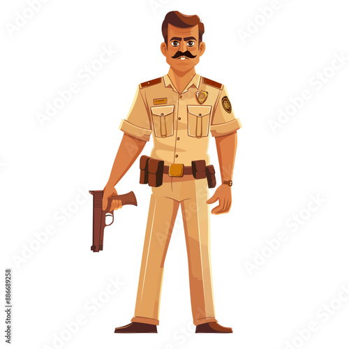 Indian police officer in uniform standing with gun. Portrait of an Indian cop with gun. 