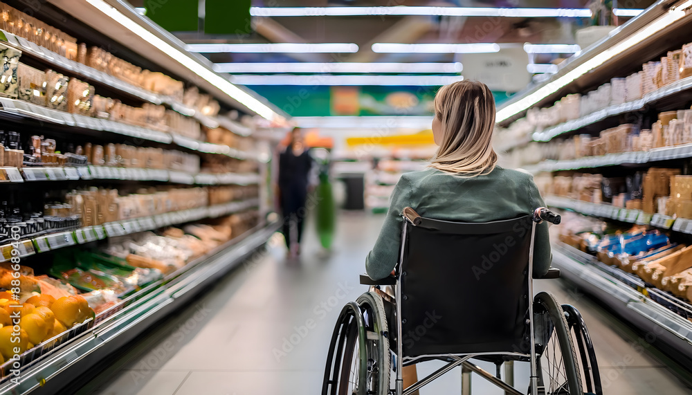 Obraz premium Disabled person in a wheelchair shopping in a supermarket.