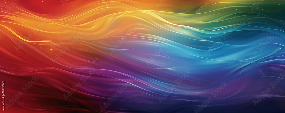 Obraz premium A vibrant rainbow gradient wave design with smooth, undulating curves and a rich blend of colors, from deep reds to bright blues, creating a dynamic and lively background.