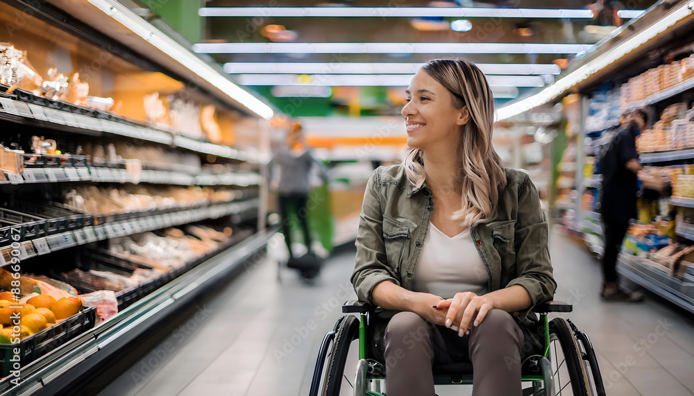 Disabled person in a wheelchair shopping in a supermarket. Disabled person in a wheelchair shopping in a supermarket.