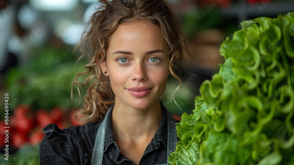A woman with curly blonde hair looks directly at the camera with a focused, bright expression. She is standing in a market surrounded by vibrant green leafy vegetables A woman with curly blonde hair looks directly at the camera with a focused, bright expression. She is standing in a market surrounded by vibrant green leafy vegetables