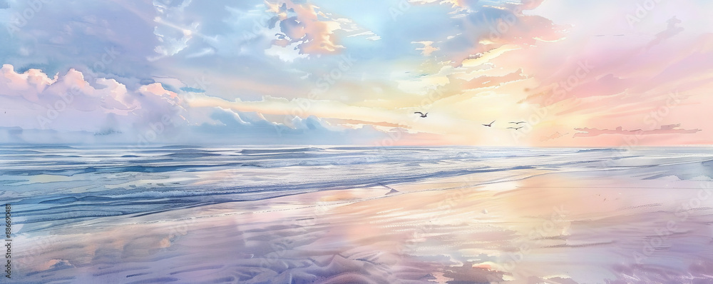 Obraz premium A peaceful watercolor painting of an empty beach at dawn, with pastel colors in the sky reflecting on the calm ocean. Soft waves gently touch the shore, and distant seagulls are seen flying over the