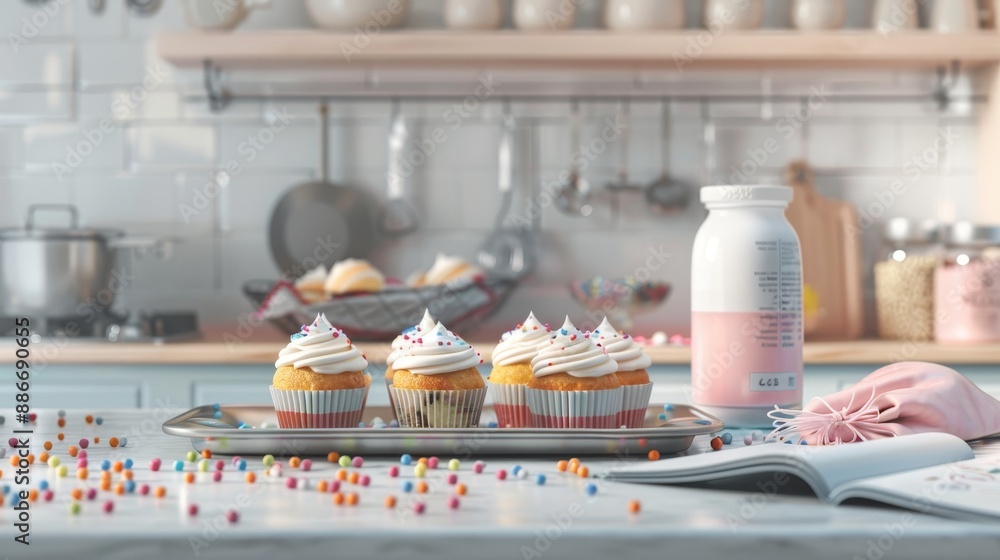 Fototapeta premium Sensational Sweetness Vibrant Cupcakes and Creative Chaos in a Home Bakery