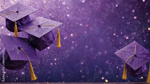three purple graduation caps yellow tassels hanging from