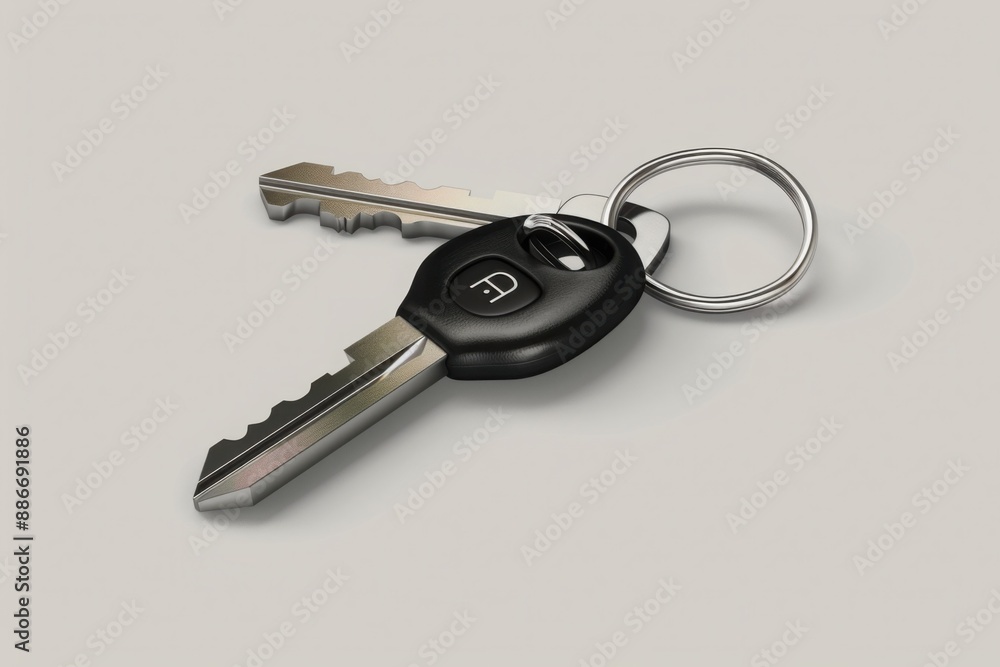 Detailed close-up of car keys with a black remote on a light background Detailed close-up of car keys with a black remote on a light background