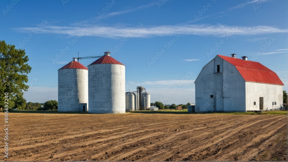 farm scene large white barn red roof right