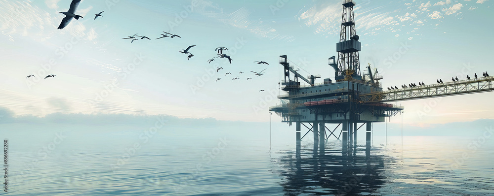 A serene offshore oil rig drilling platform with seabirds flying around and resting on its structures. The ocean is calm and blue, and the sky is dotted with light clouds, creating a peaceful yet A serene offshore oil rig drilling platform with seabirds flying around and resting on its structures. The ocean is calm and blue, and the sky is dotted with light clouds, creating a peaceful yet