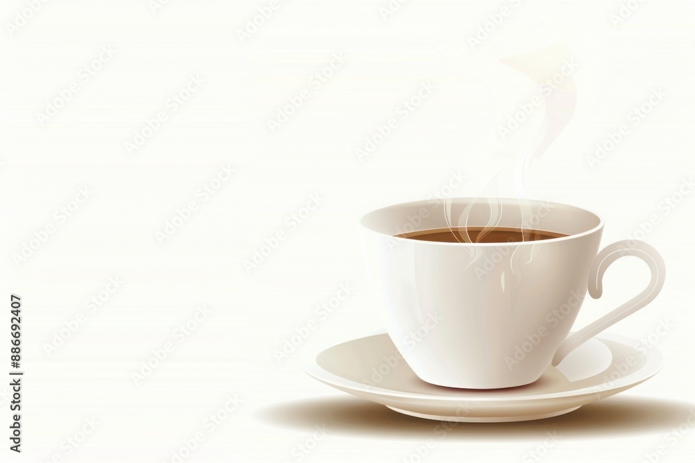 A steaming cup of coffee placed on a white saucer against a light background A steaming cup of coffee placed on a white saucer against a light background