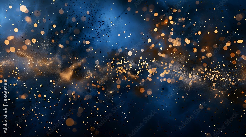Elegant dark blue canvas adorned with radiant gold particles cascading like stardust Elegant dark blue canvas adorned with radiant gold particles cascading like stardust