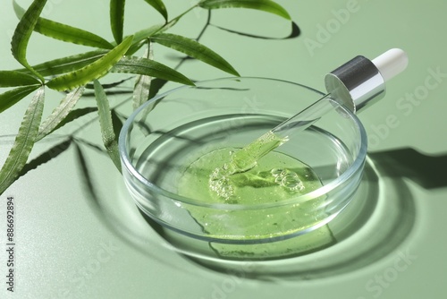 Petri dish with cosmetic product, pipette and leaves on green background, closeup