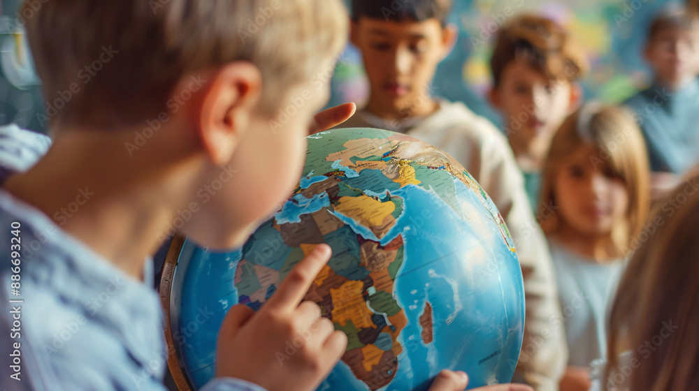 3. Close-up of a teacher pointing at a globe while discussing geography with middle school students 3. Close-up of a teacher pointing at a globe while discussing geography with middle school students