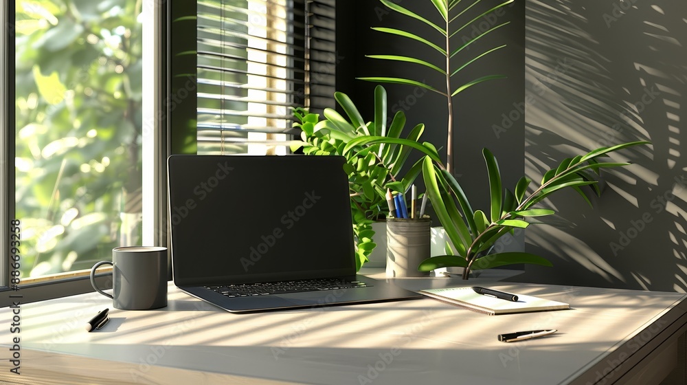 Sleek Workspace Serenity Laptop Notepad and Coffee on Minimalist Desk with Lush Green Plant Remote Work Productivity and Zen Concept Sleek Workspace Serenity Laptop Notepad and Coffee on Minimalist Desk with Lush Green Plant Remote Work Productivity and Zen Concept