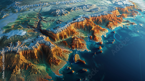 3D topographic map illustrating mountainous terrain and ocean surface. Concept of cartography, geography, and environmental mapping. photo