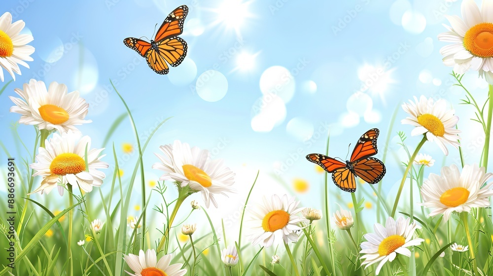 Nature Spring-Summer Background with Flowers, Grass, Chamomile, Butterflies, and Blue Sky Nature Spring-Summer Background with Flowers, Grass, Chamomile, Butterflies, and Blue Sky