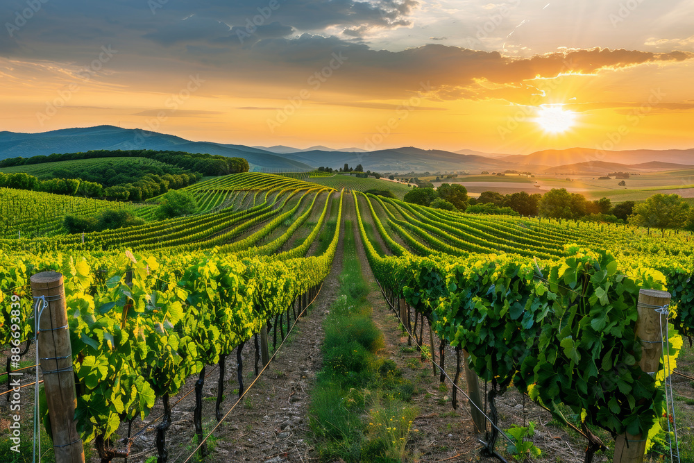 A vineyard with rows of vines and a beautiful sunset in the background A vineyard with rows of vines and a beautiful sunset in the background