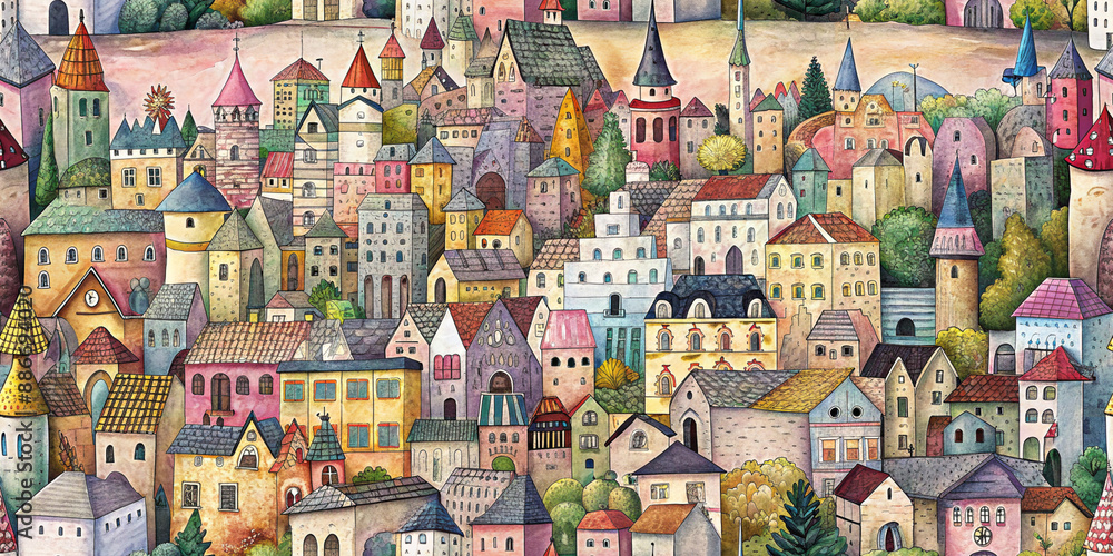 A whimsical illustration of a cozy fairytale town with colorful houses and lush greenery. The buildings have a charming, storybook style, creating a magical and inviting scene A whimsical illustration of a cozy fairytale town with colorful houses and lush greenery. The buildings have a charming, storybook style, creating a magical and inviting scene