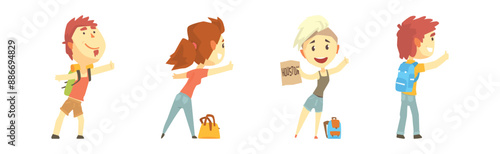 People Character Standing and Hitchhiking Catching Car Vector Set
