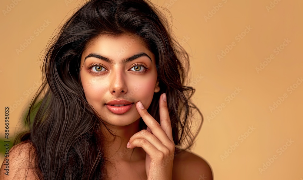 Young beauty Indian woman with long dark hair and green eyes is posing for a picture Young beauty Indian woman with long dark hair and green eyes is posing for a picture