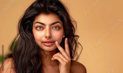 Young beauty Indian woman with long dark hair and green eyes is posing for a picture