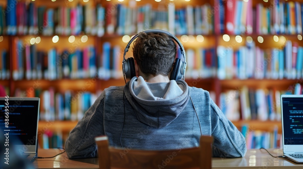 Focused Student Immersed in Technology with Headphones and Laptop Education and Concentration Concept Focused Student Immersed in Technology with Headphones and Laptop Education and Concentration Concept
