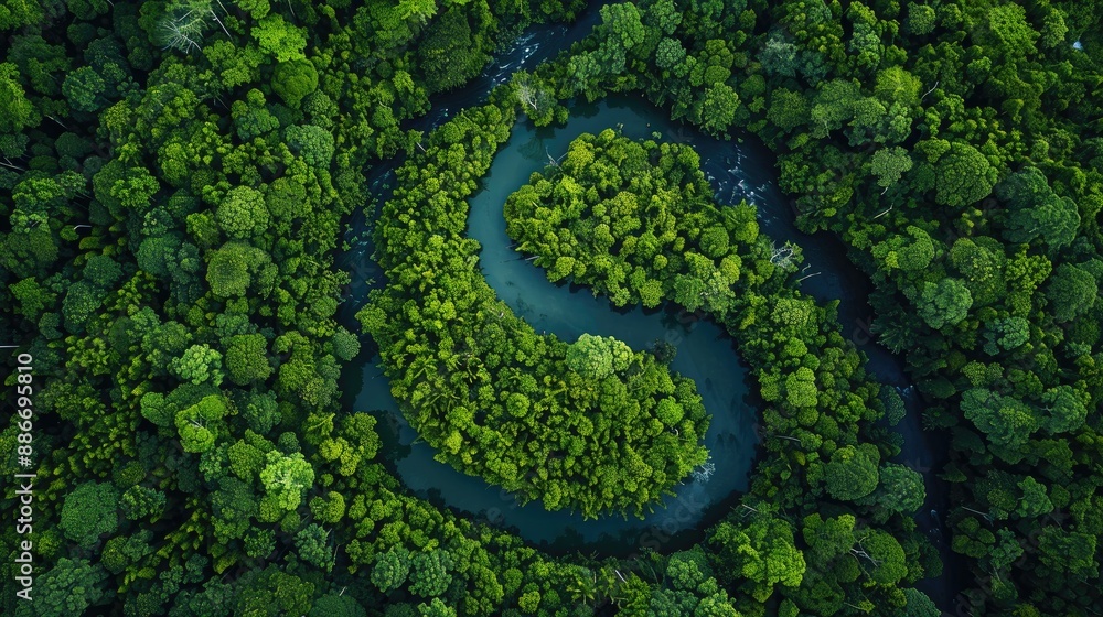 Mountain river encircled by green forest viewed from above Mountain river encircled by green forest viewed from above
