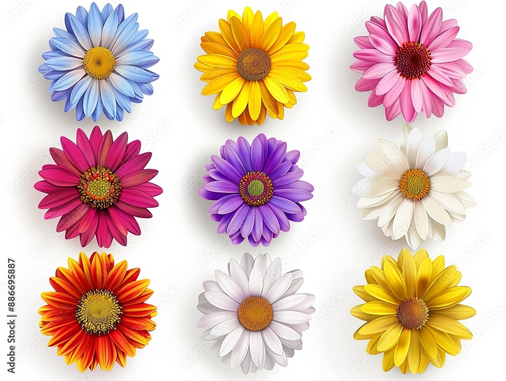 Nine Colorful Daisy Flowers on White Background Nine Colorful Daisy Flowers on White Background