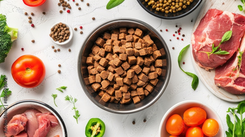 Natural ingredients in dry pet food next to raw meat and vegetables on a white surface viewed from above Natural ingredients in dry pet food next to raw meat and vegetables on a white surface viewed from above
