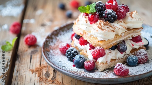 Napoleon dessert with berries on plate atop wood surface