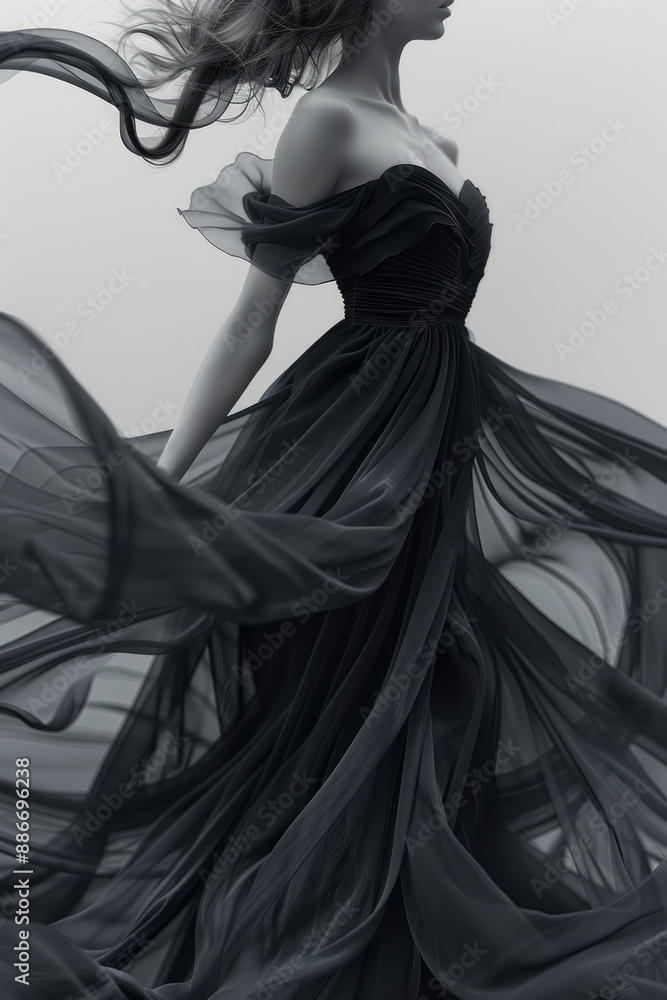 An abstract image of a ballerina in a black silk dress, with her gown extending into intricate, swirling lines against a light gray backdrop, An abstract image of a ballerina in a black silk dress, with her gown extending into intricate, swirling lines against a light gray backdrop,