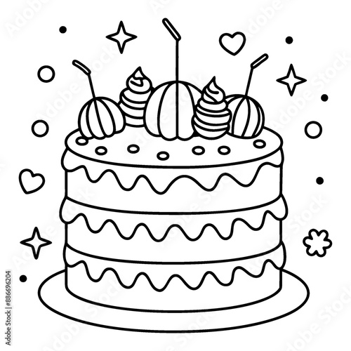 A fanciful, multi-layered cake coloring page in black and white lines.