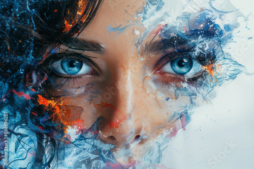 An abstract composition of a girl with a monobrow, her face merging with abstract, watercolor patterns, on a plain white background,