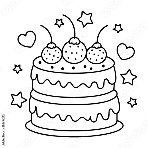 A fanciful, multi-layered cake coloring page in black and white lines.