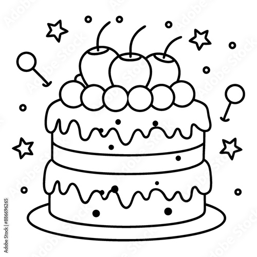 A fanciful, multi-layered cake coloring page in black and white lines.