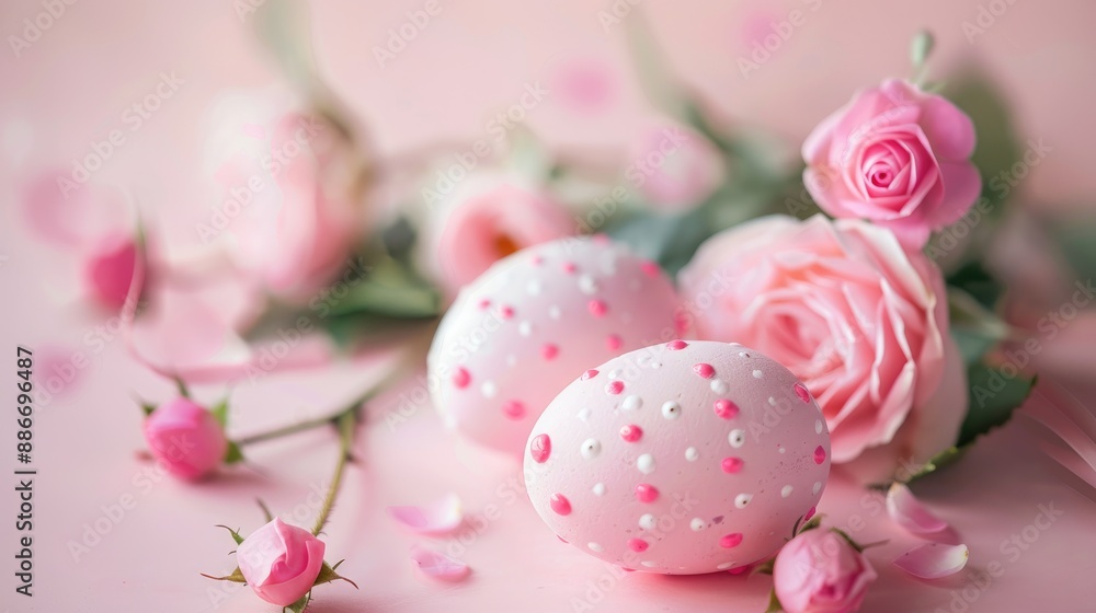 Pastel Easter eggs with pink roses on pink background Easter greeting card concept Pastel Easter eggs with pink roses on pink background Easter greeting card concept